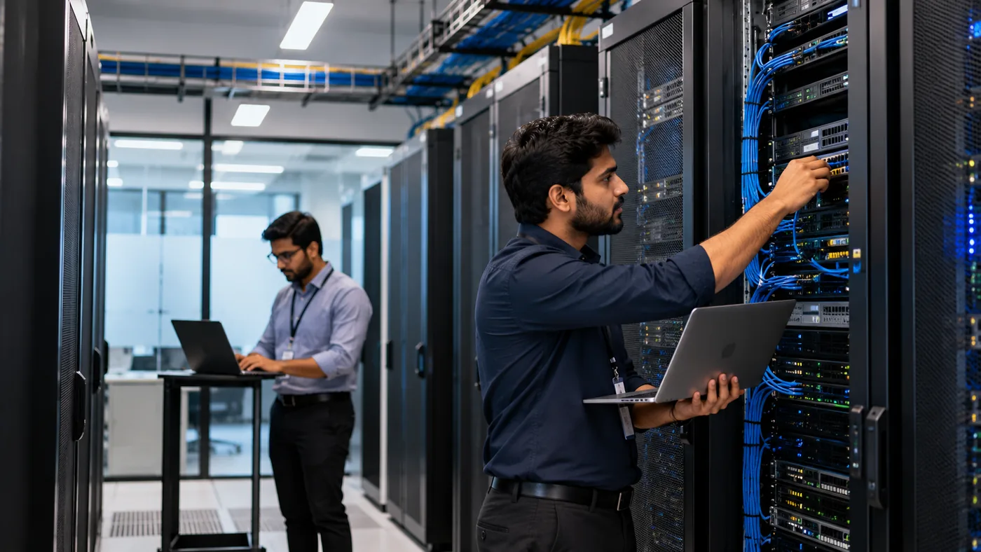 Engineer maintaining network equipment in a server room