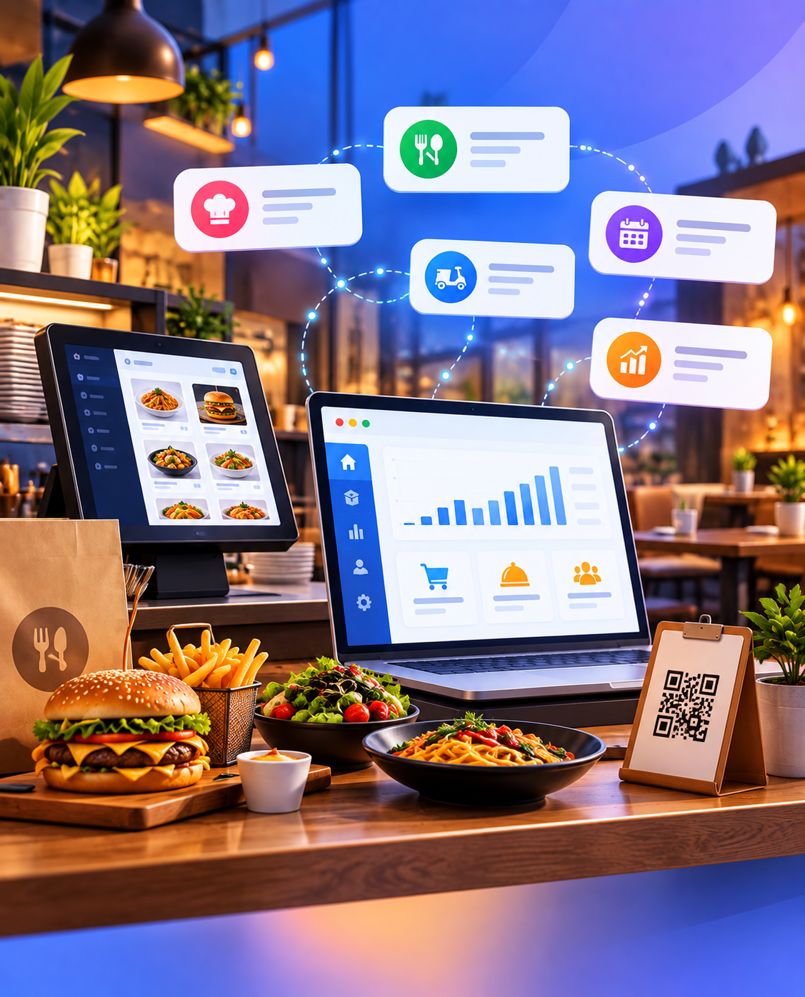 Restaurant ordering dashboard beside digital menus, prepared dishes and a table QR code