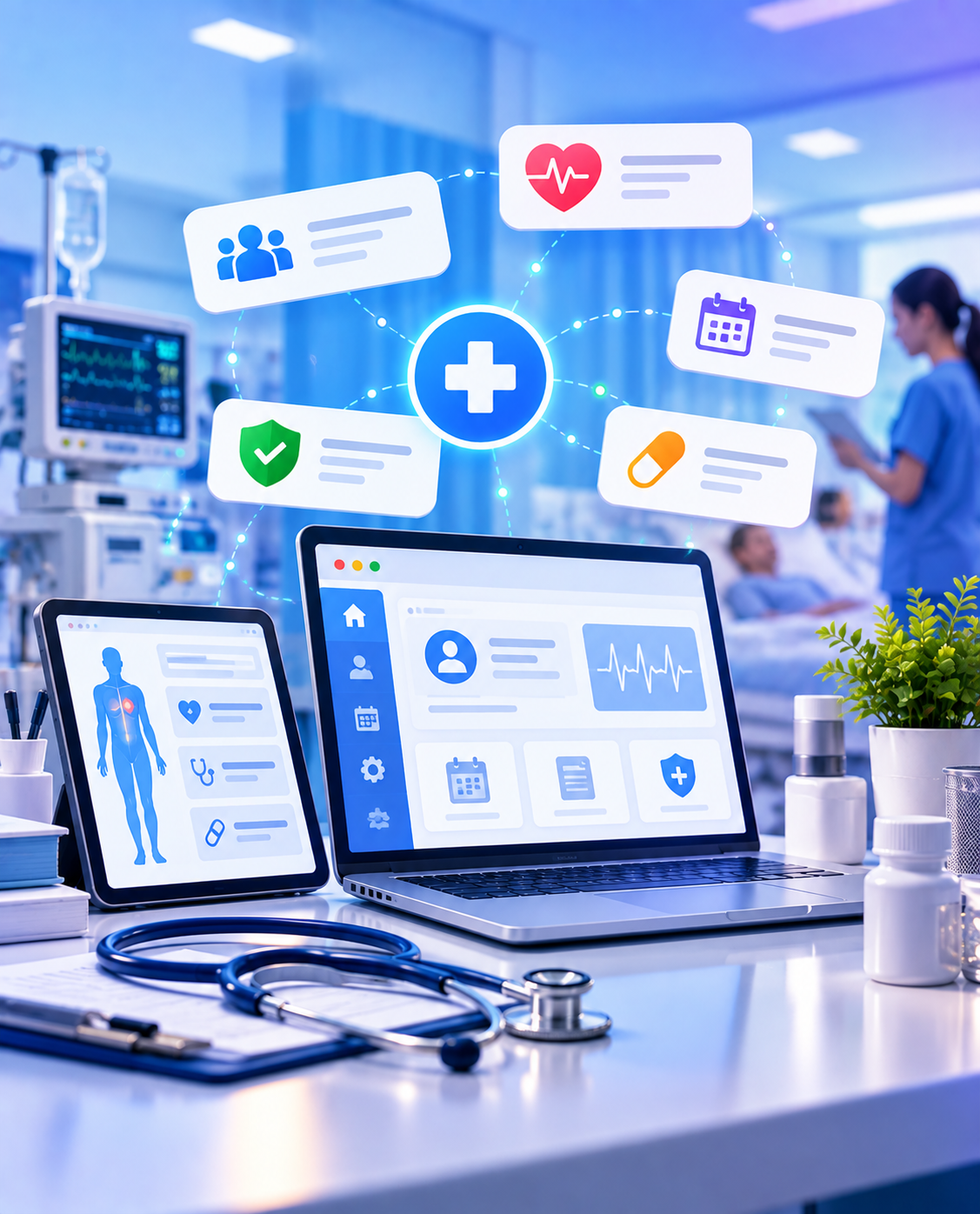 Laptop and tablet displaying clinic booking and patient-care interfaces beside medical equipment