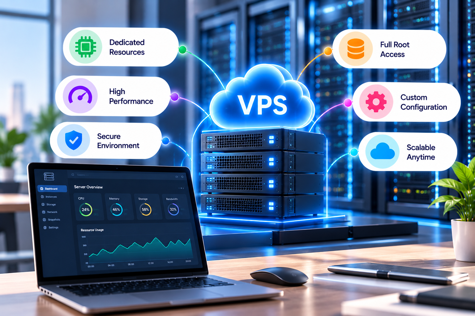 Virtual private server hosting dashboard and server resources