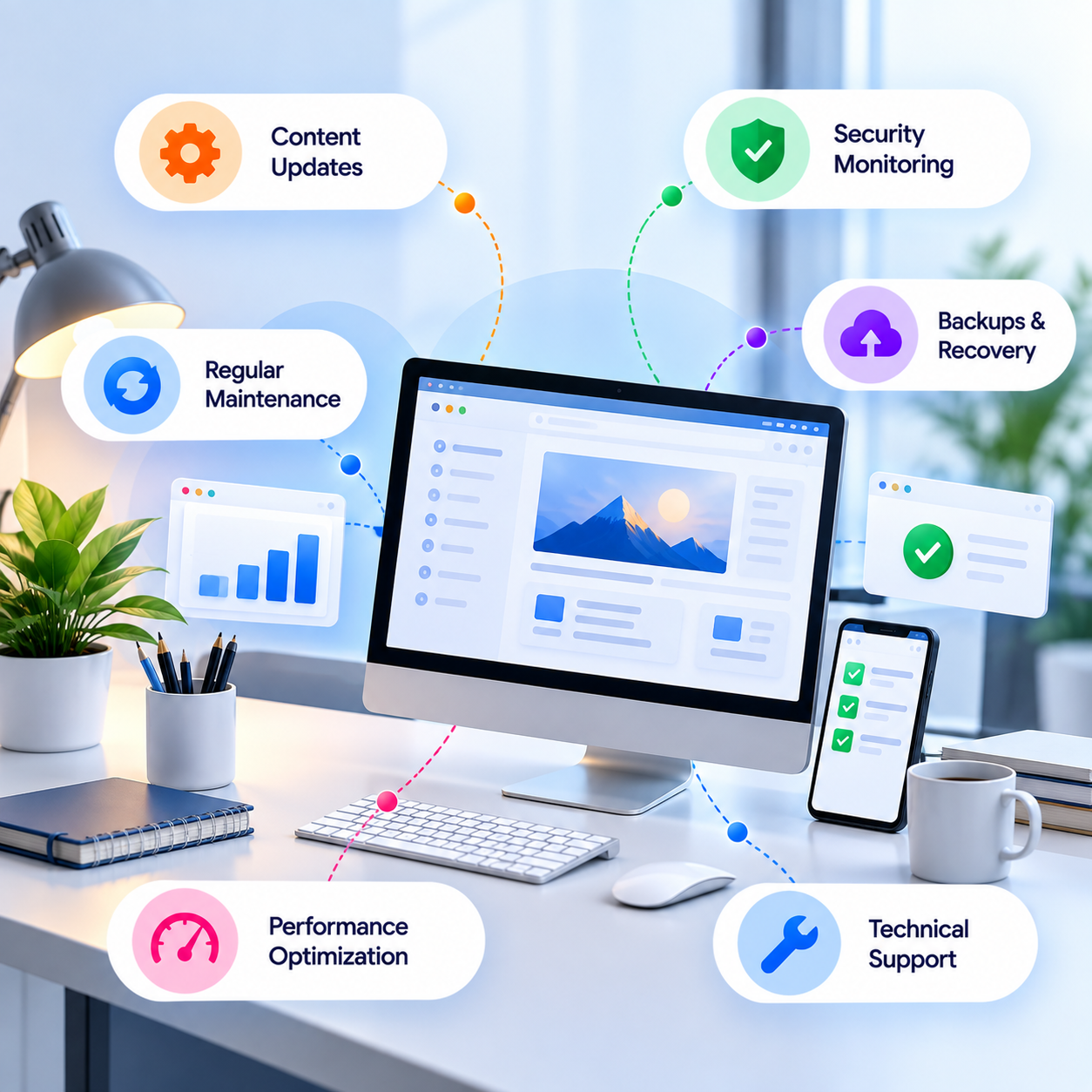 Website monitoring, updates and maintenance dashboard